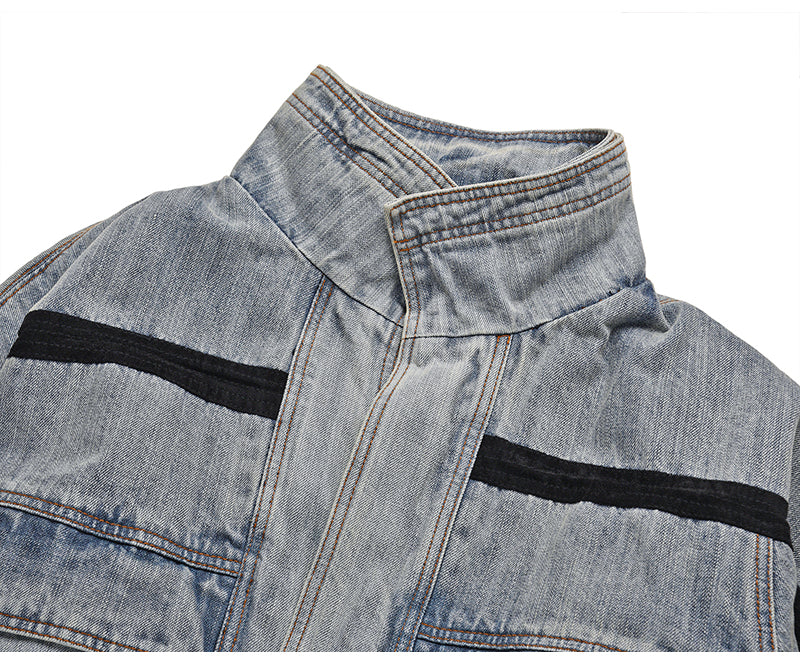 Vintage Wash Denim Jacket with Layered Collar for Men