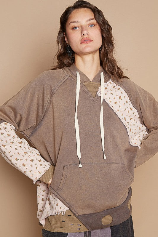 POL Floral Patchwork Distressed Drawstring Hoodie