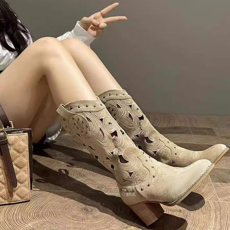 Embroidered Chunky Heel Cowboy Boots