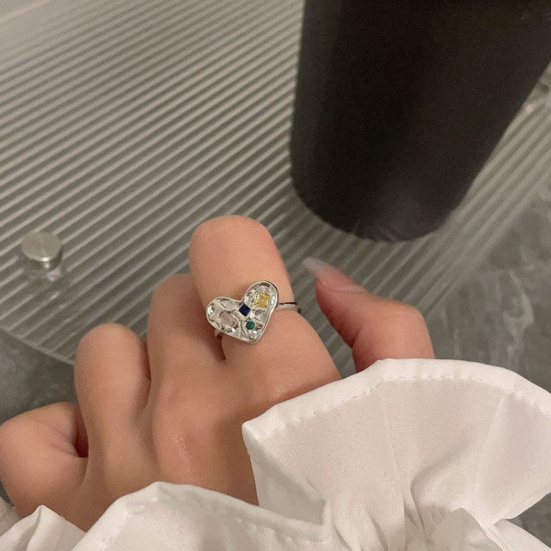 Dopamine love colored zircon diamond ring female niche index finger high-end fashion personality open ring