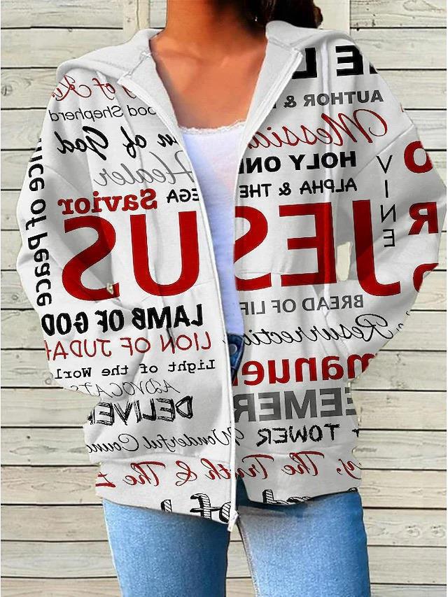 Womens Fashionable Casual Printed Zip-Up Hoodie