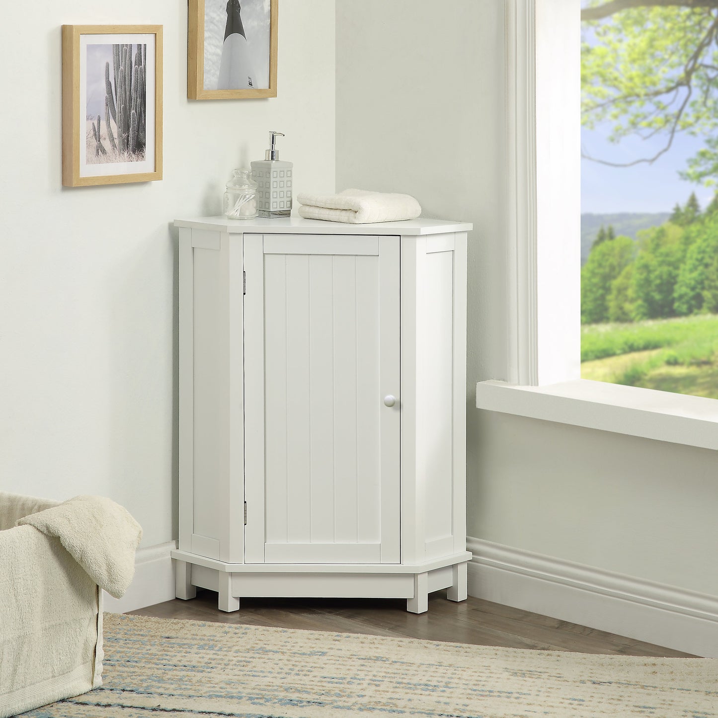 White Bathroom Cabinet Triangle Corner Storage Cabinet with Adjustable Shelf Modern Style MDF Board