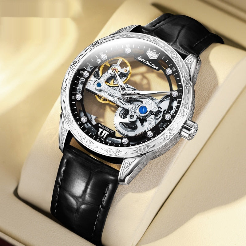 Openwork Mechanical Watch With Waterproof Leather Strap For Men