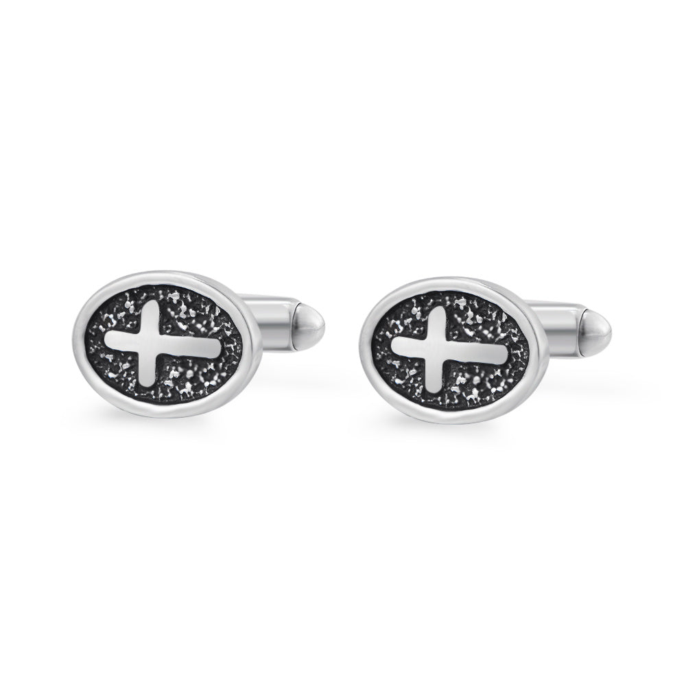 Oval Cross Silver Stainless Steel Cufflinks