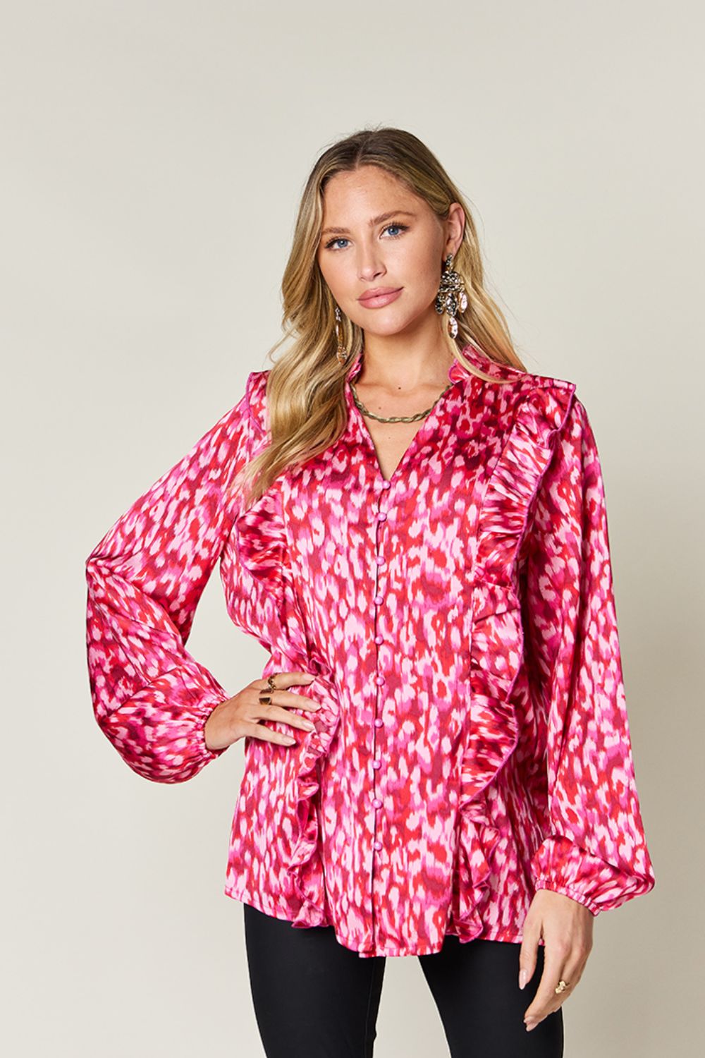 Printed Button-Down Top with Ruffle Balloon Sleeves