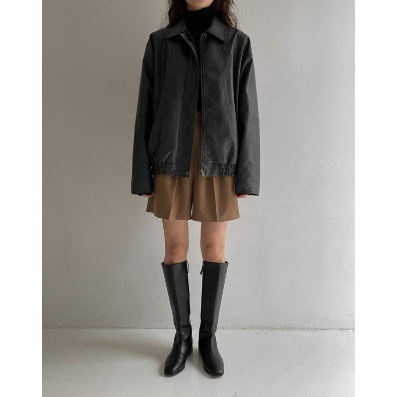 South Korea Chic Early Autumn Retro Handsome Motorcycle Leather Coat