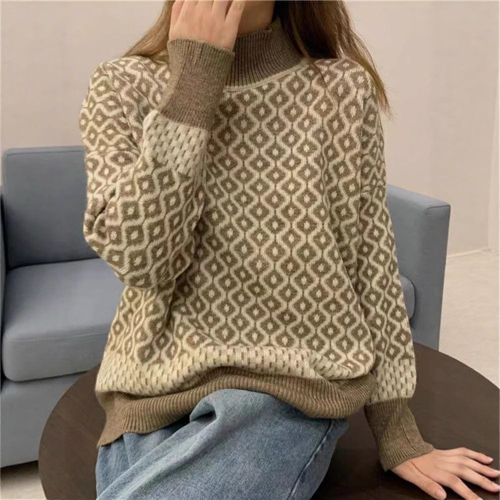 Womens Retro Chic Contrast-Knit Sweater