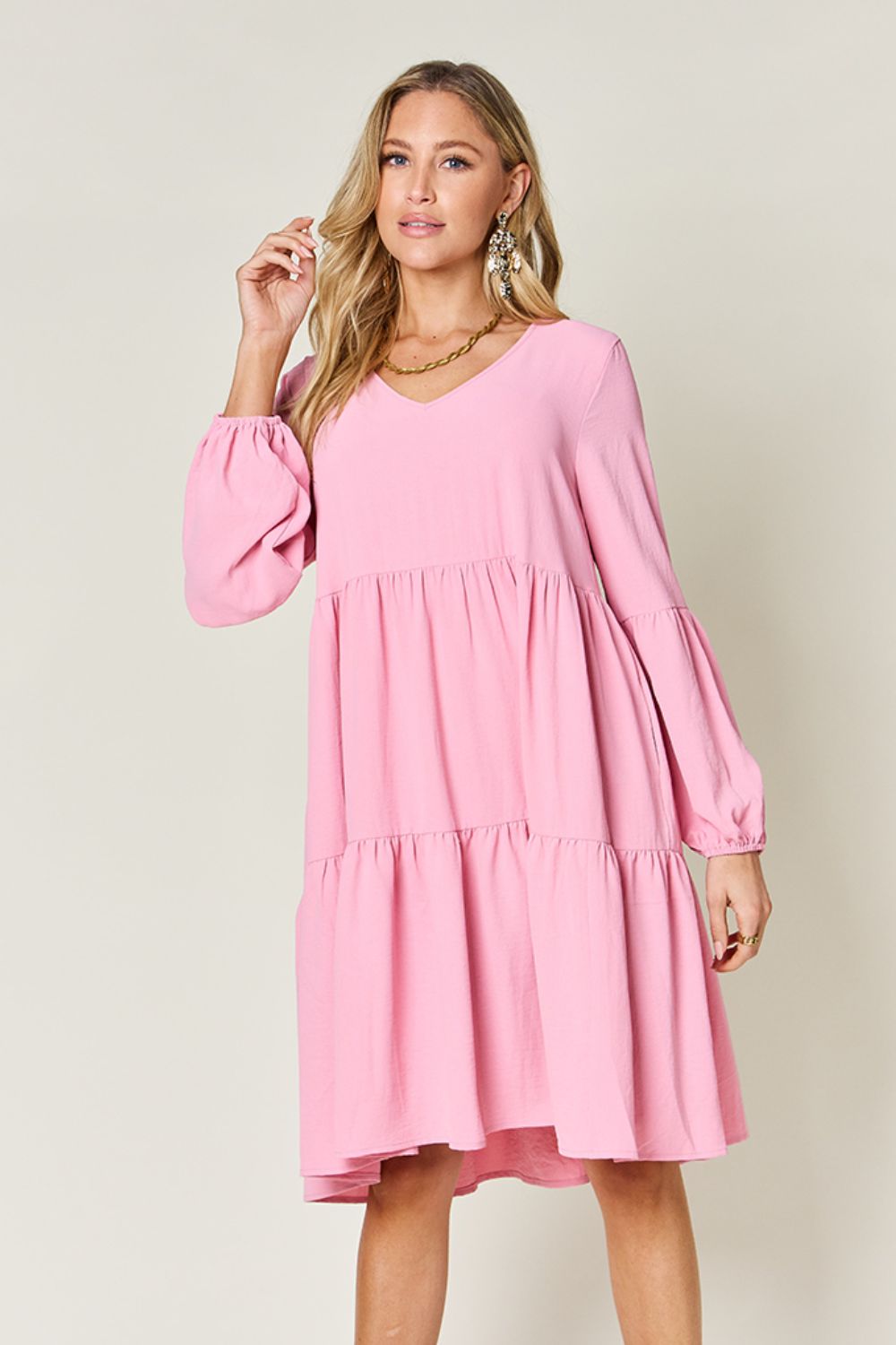 V-Neck Balloon Sleeve Tiered Boho Midi Dress
