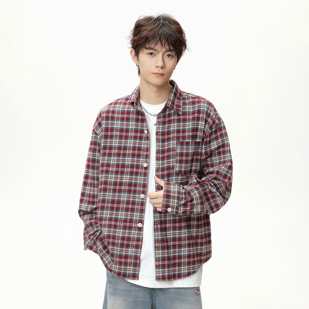 Mens American-Style Retro Color-Block Plaid Long-Sleeve Shirt