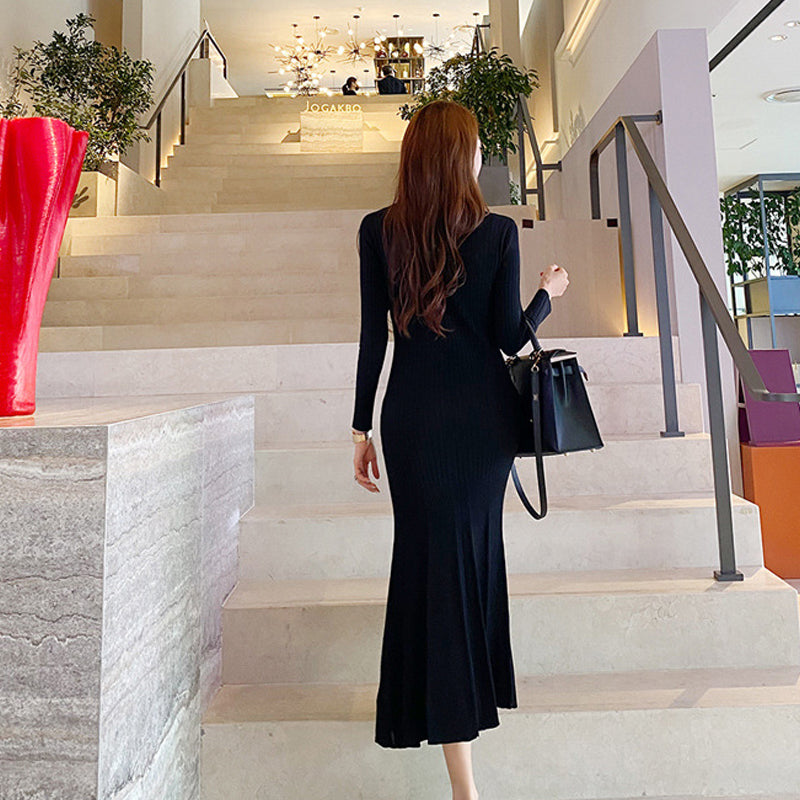 Temperament V-neck Slim Bottoms Sweater Long Skirt