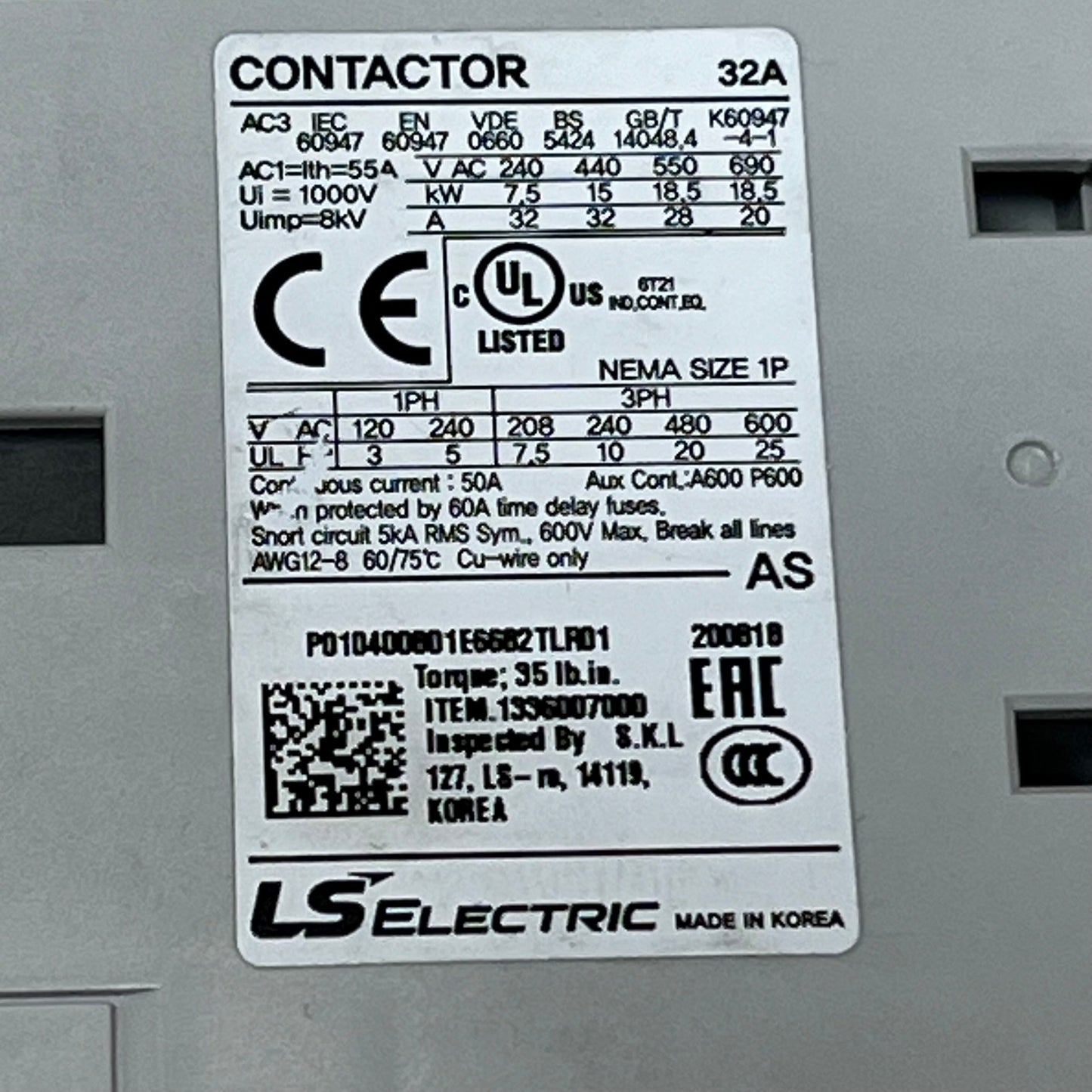 LS ELECTRIC General Purpose Contractor 32A Nema Sz1P 230VAC MC Series 1336007000