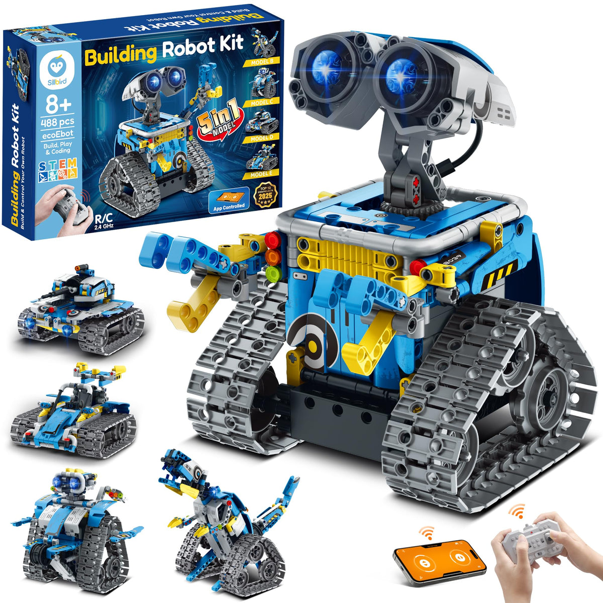 Sillbird Robot Building Kit 488 Pieces 5in1 STEM Toy Remote Control Blue.
