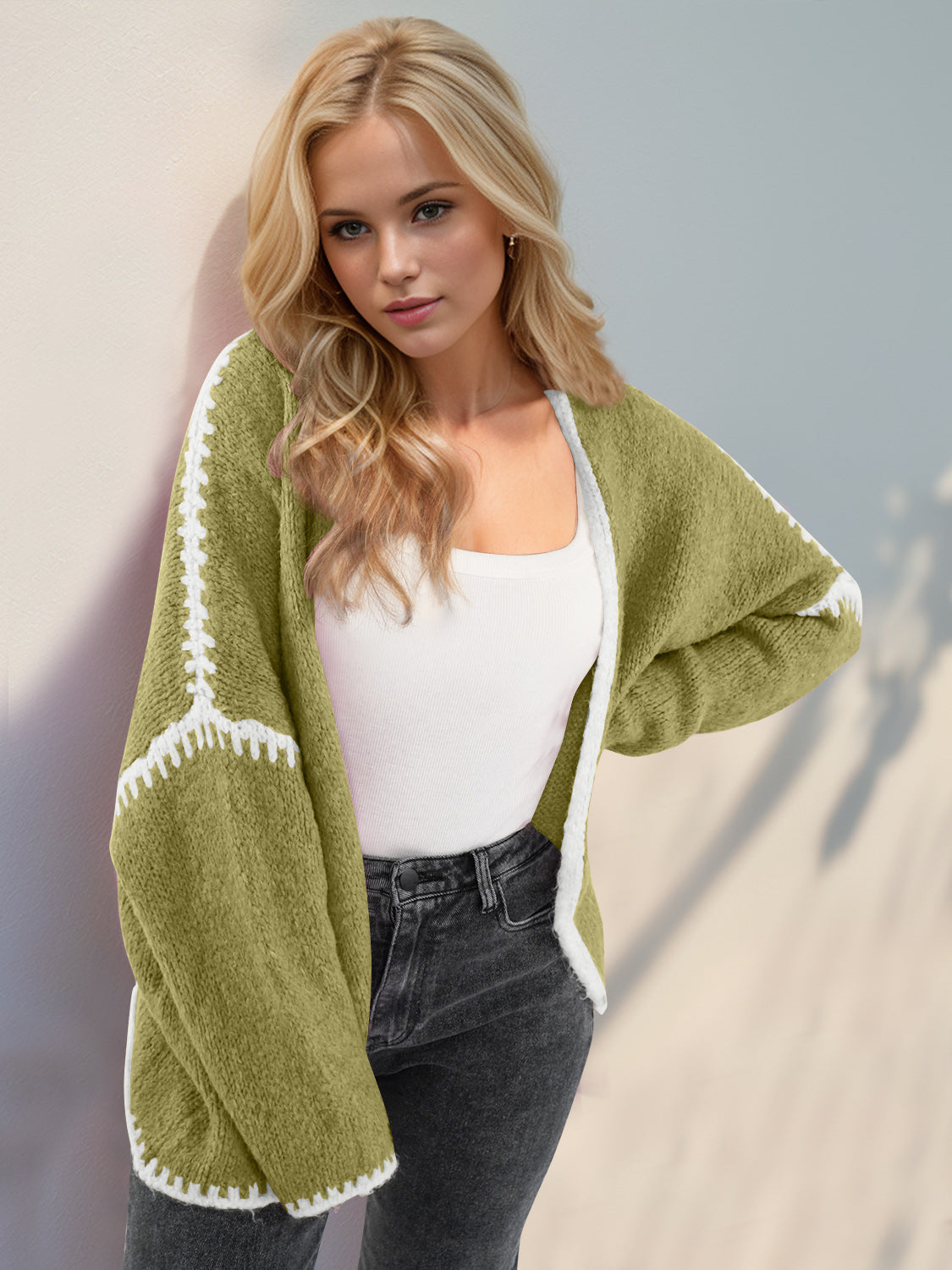 Back To School Sweater - Double Take Contrast Open Front Dropped Shoulder Cardigan