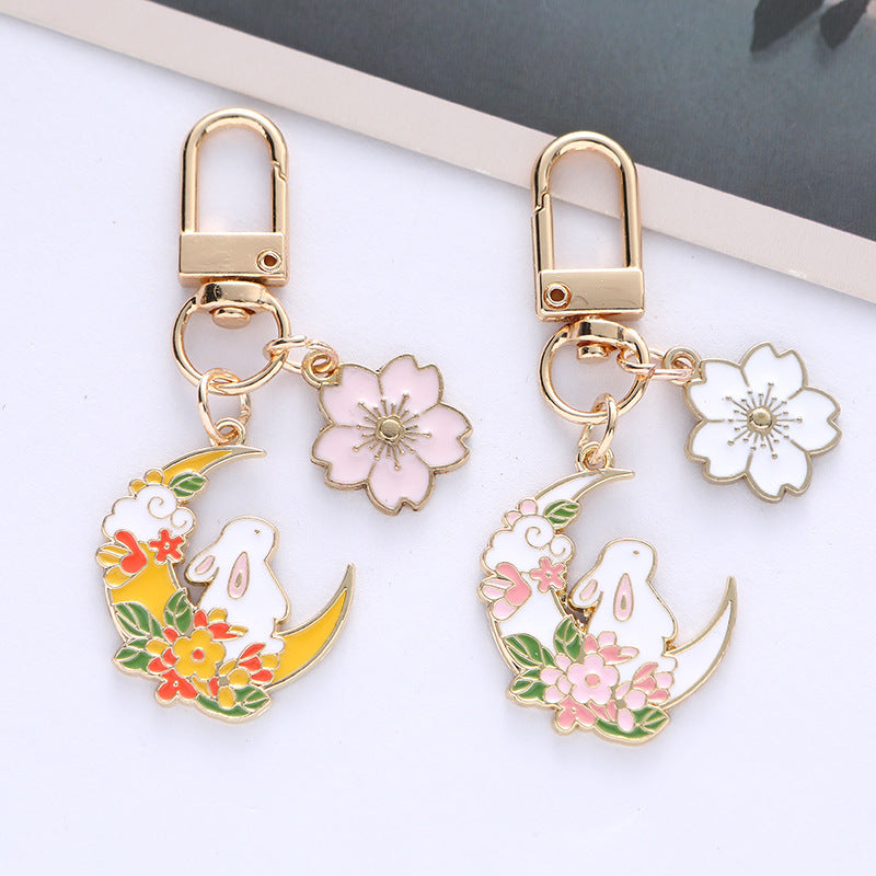 Cute Moon Rabbit Cherry Blossom Keychain