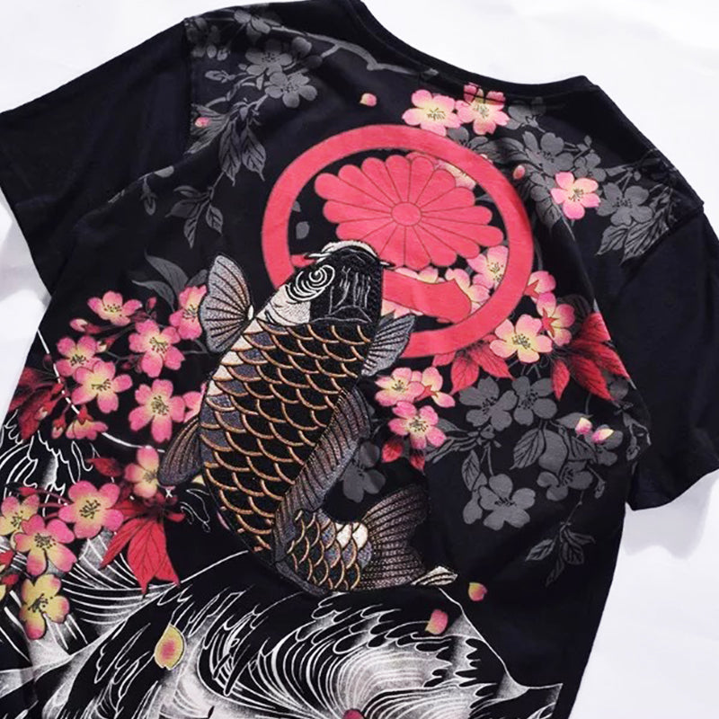 Vintage Japanese Harajuku Floral Carp Men's T-shirt