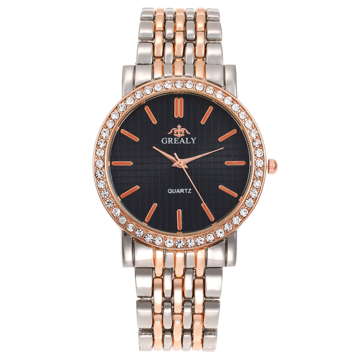 Simple Casual Quartz Watch with Steel Strap and Diamond Detailing