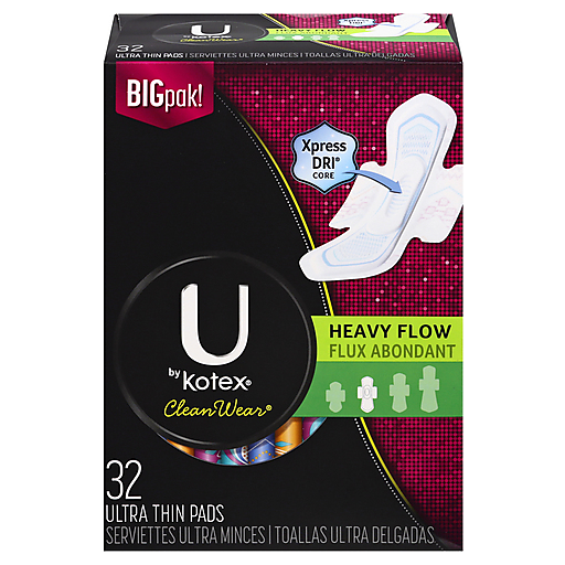 U by Kotex CleanWear Ultra Thin Pads With Wings, Heavy Flow, 32ct