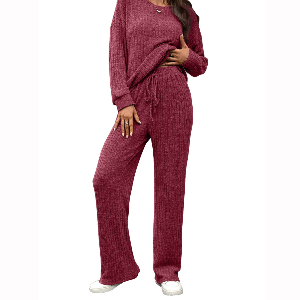 European And American Round Neck Knitted Long Sleeve Brushed Casual Long Sleeve Pants Home Wear Suit