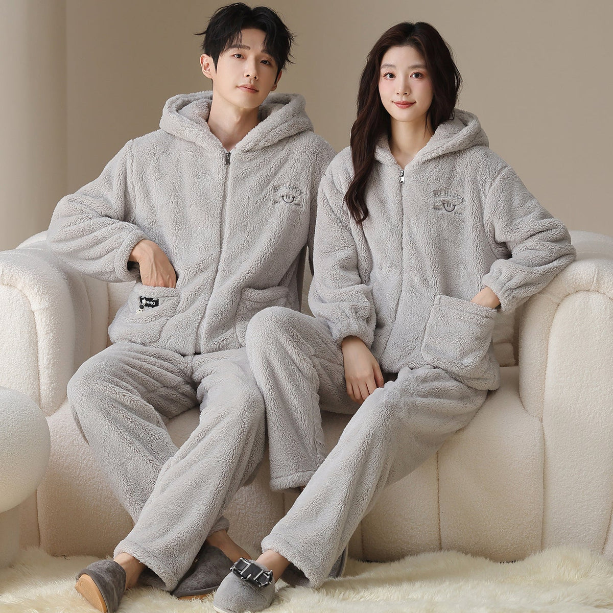Plush Couple Pajamas Women's Winter Casual Zipper Hooded Outerwear Men's Homewear Suit