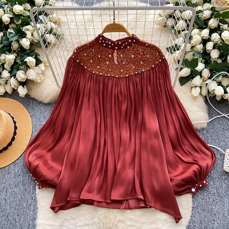 Womens Loose, Casual Rhinestone-embellished Lantern-sleeve Tassel Mesh Top