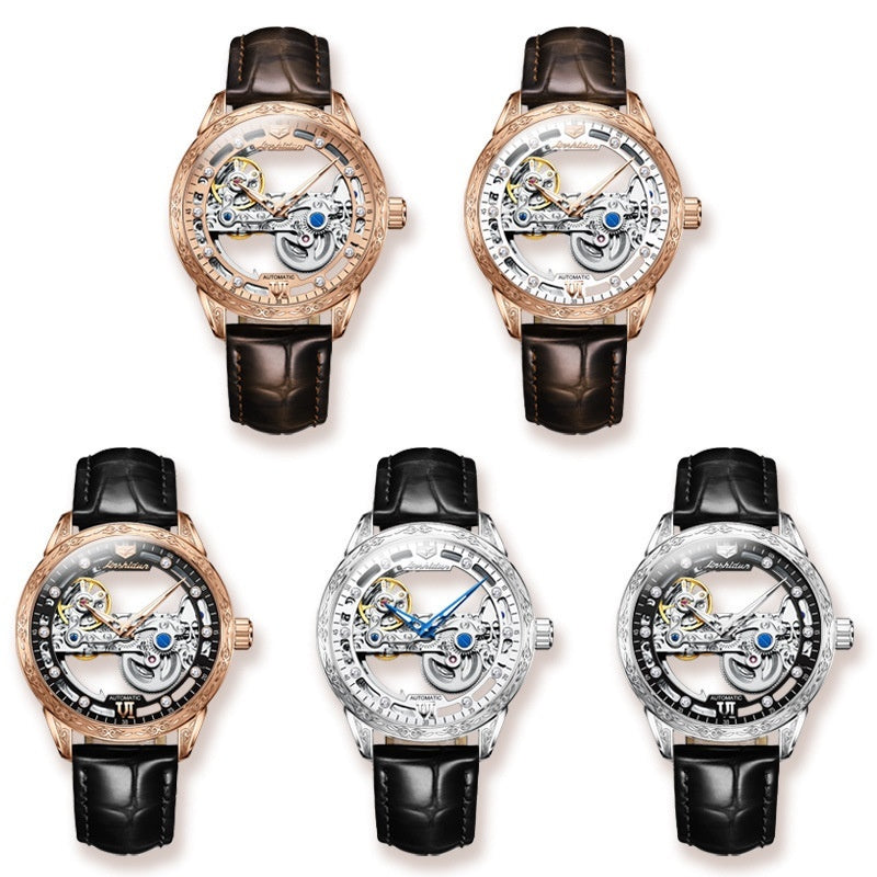Openwork Mechanical Watch With Waterproof Leather Strap For Men