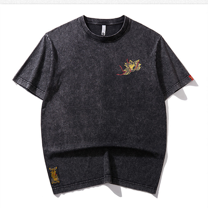 Boys Short Sleeve Couple T-shirt Summer Embroidered Lotus