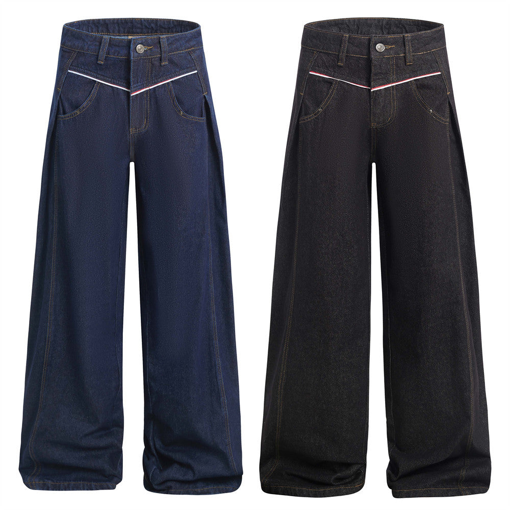 American High Street Design Denim Wide Leg Long Pants Men's Vibe Trendy Side Pleated Loose Casual Trousers