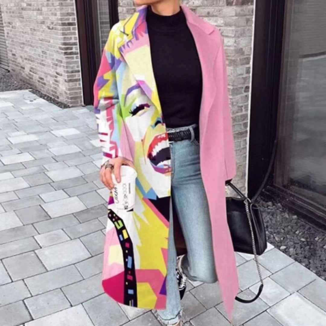 Women's Color Matching Plaid Long-sleeved Coat