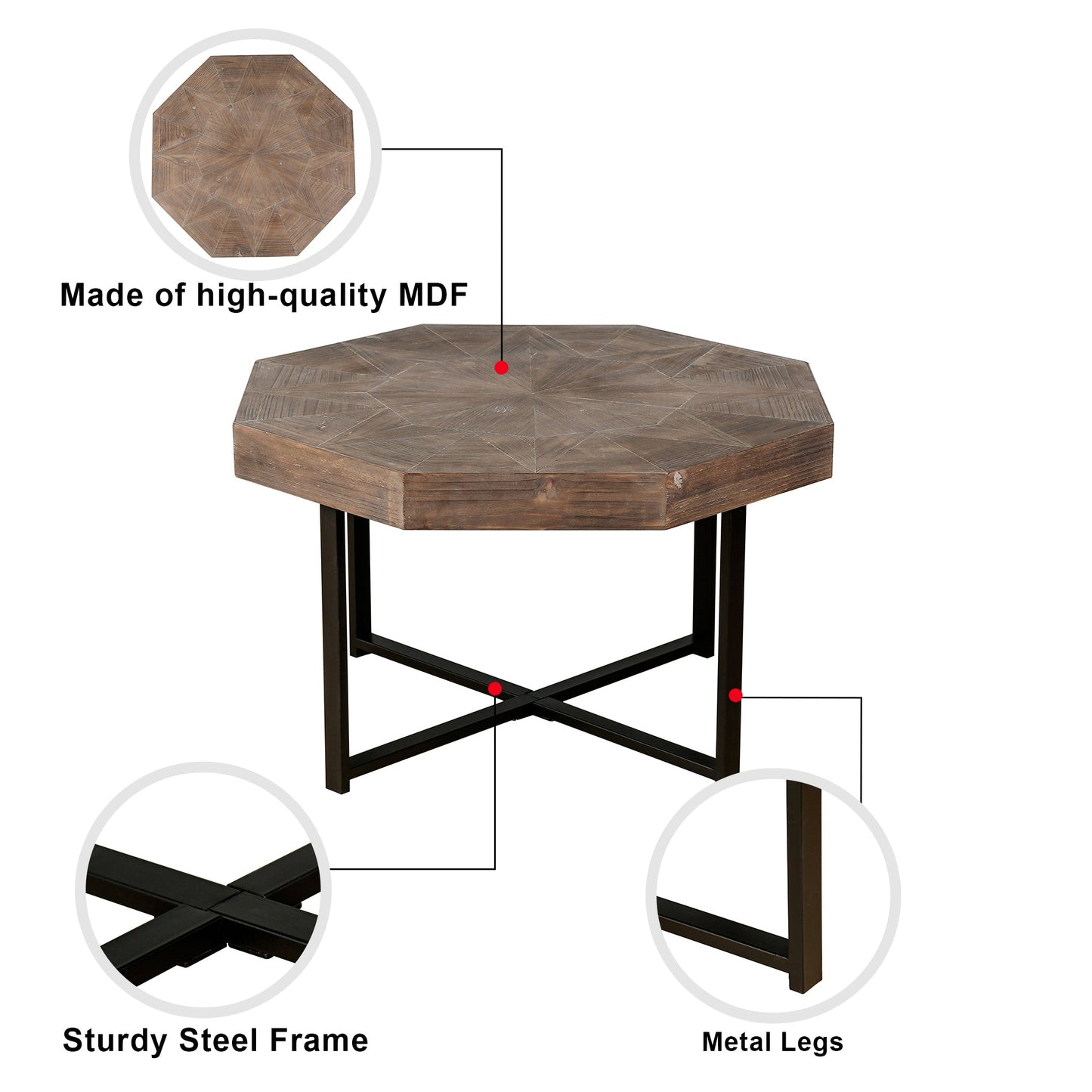Wooden octagonal retro patchwork craft 30 inch wooden tabletop cross metal leg coffee table (antique brown)