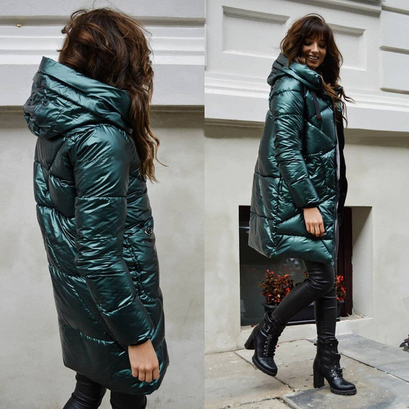 Women's Mid-length Solid Color Cotton Hooded Jacket