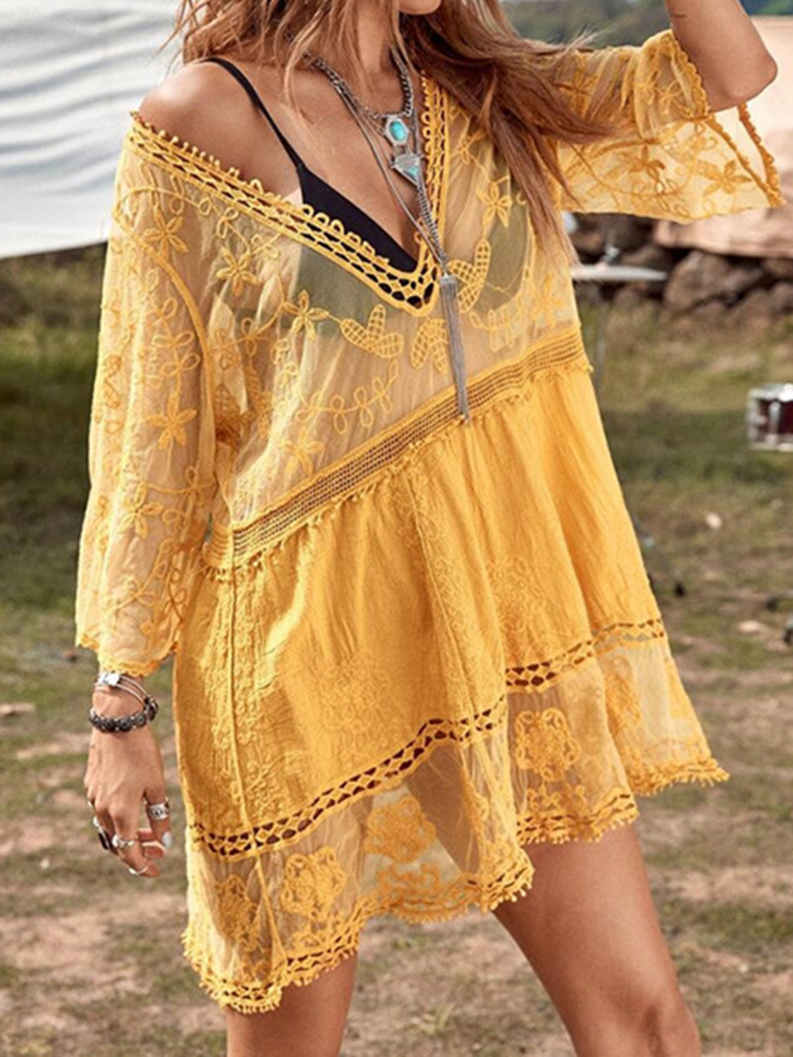 Semi-Sheer Lace Detail Beach Cover-Up Dress