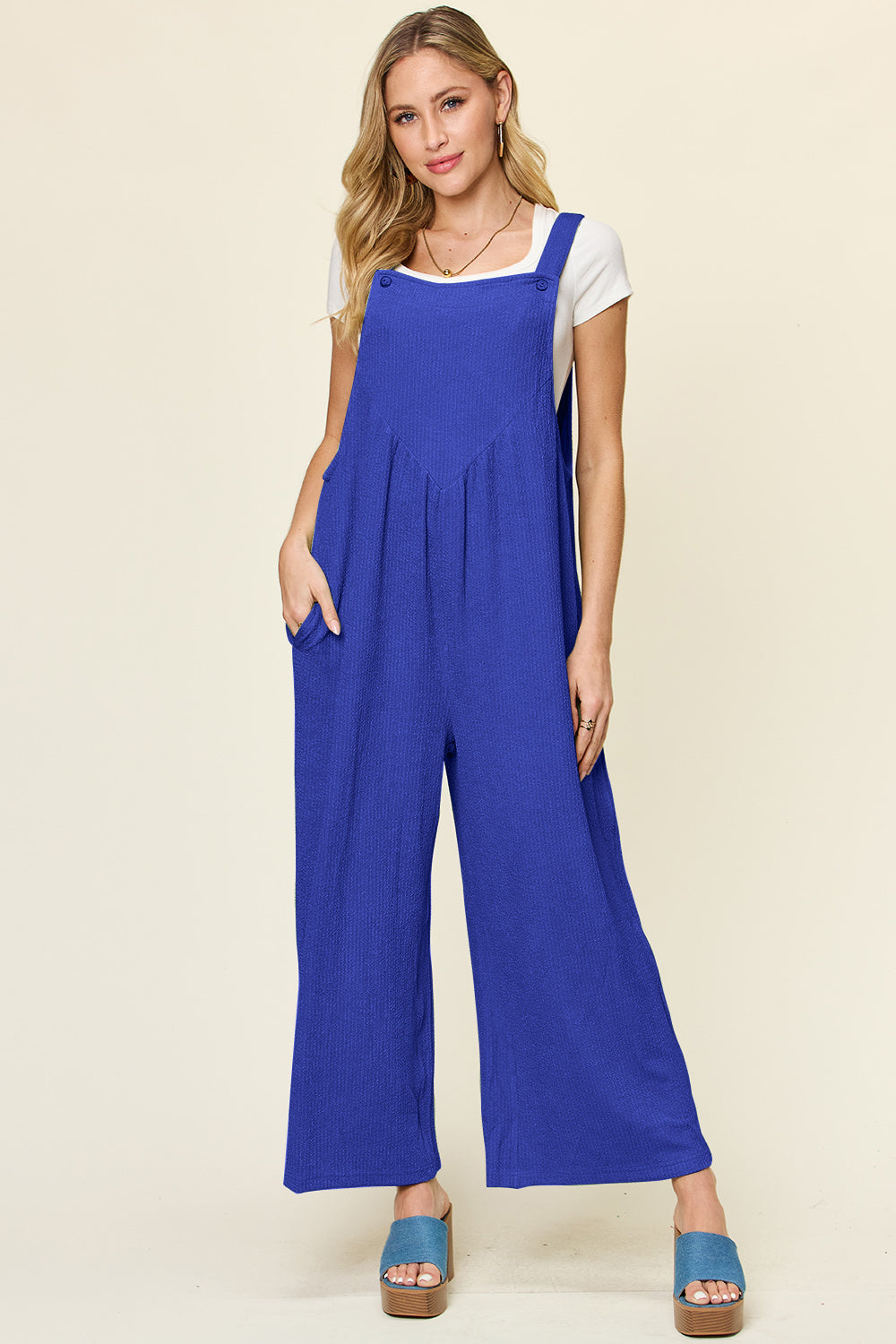 Textured Long Sleeveless Wide Leg Jumpsuit