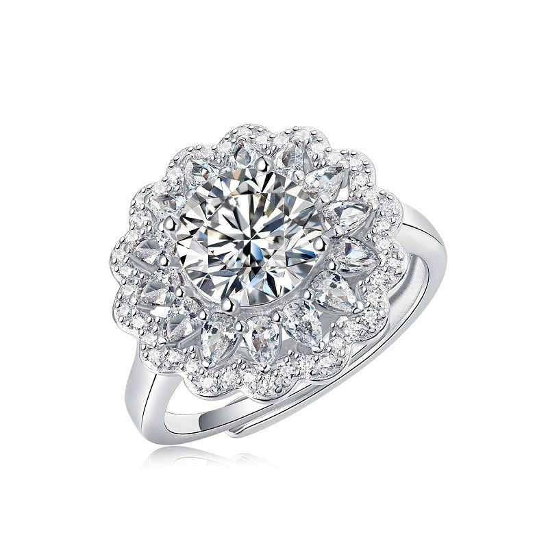 Adjustable S925 Silver Moissanite Flower Ring