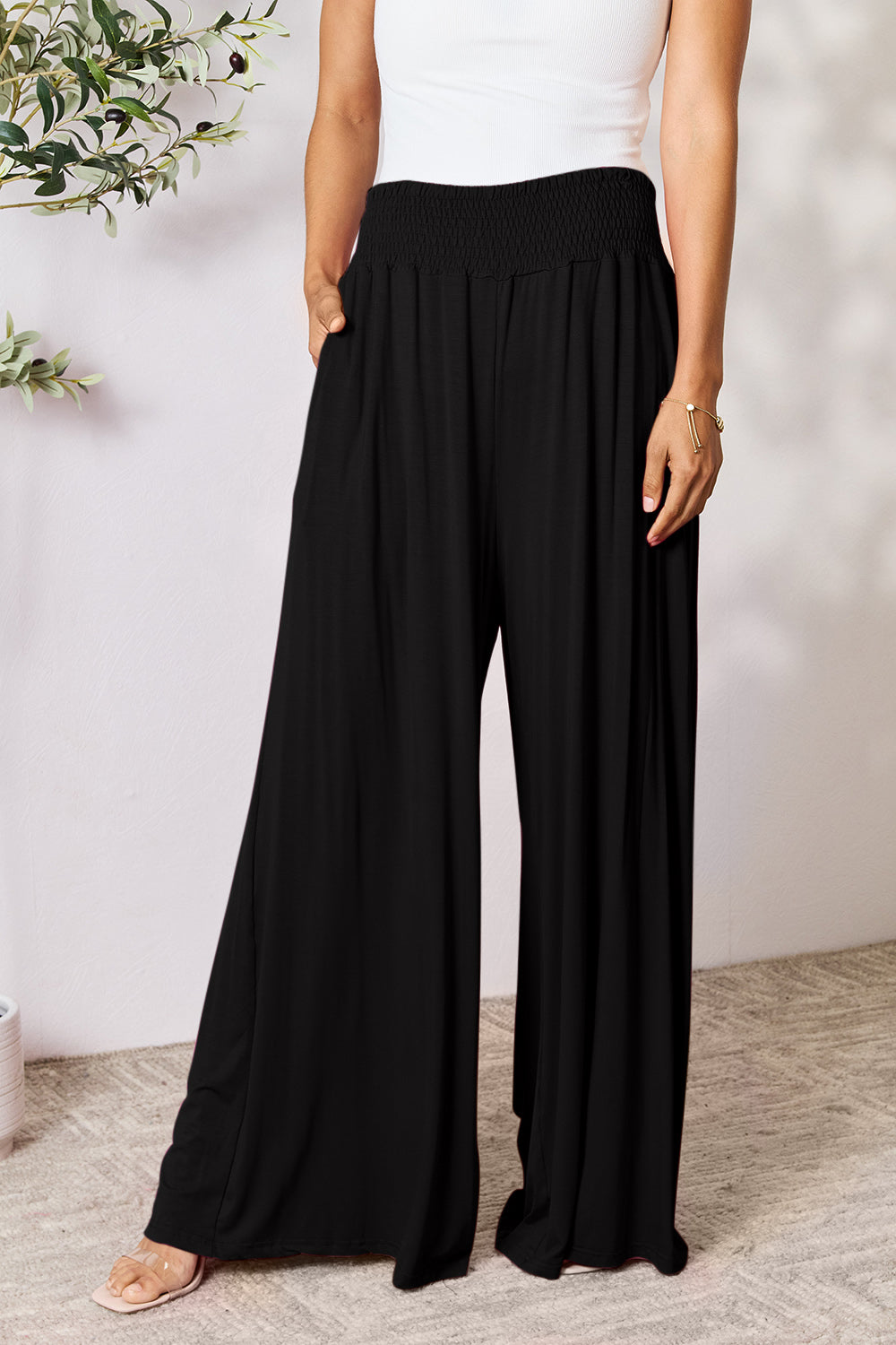 Smocked High-Waist Wide Leg Pants