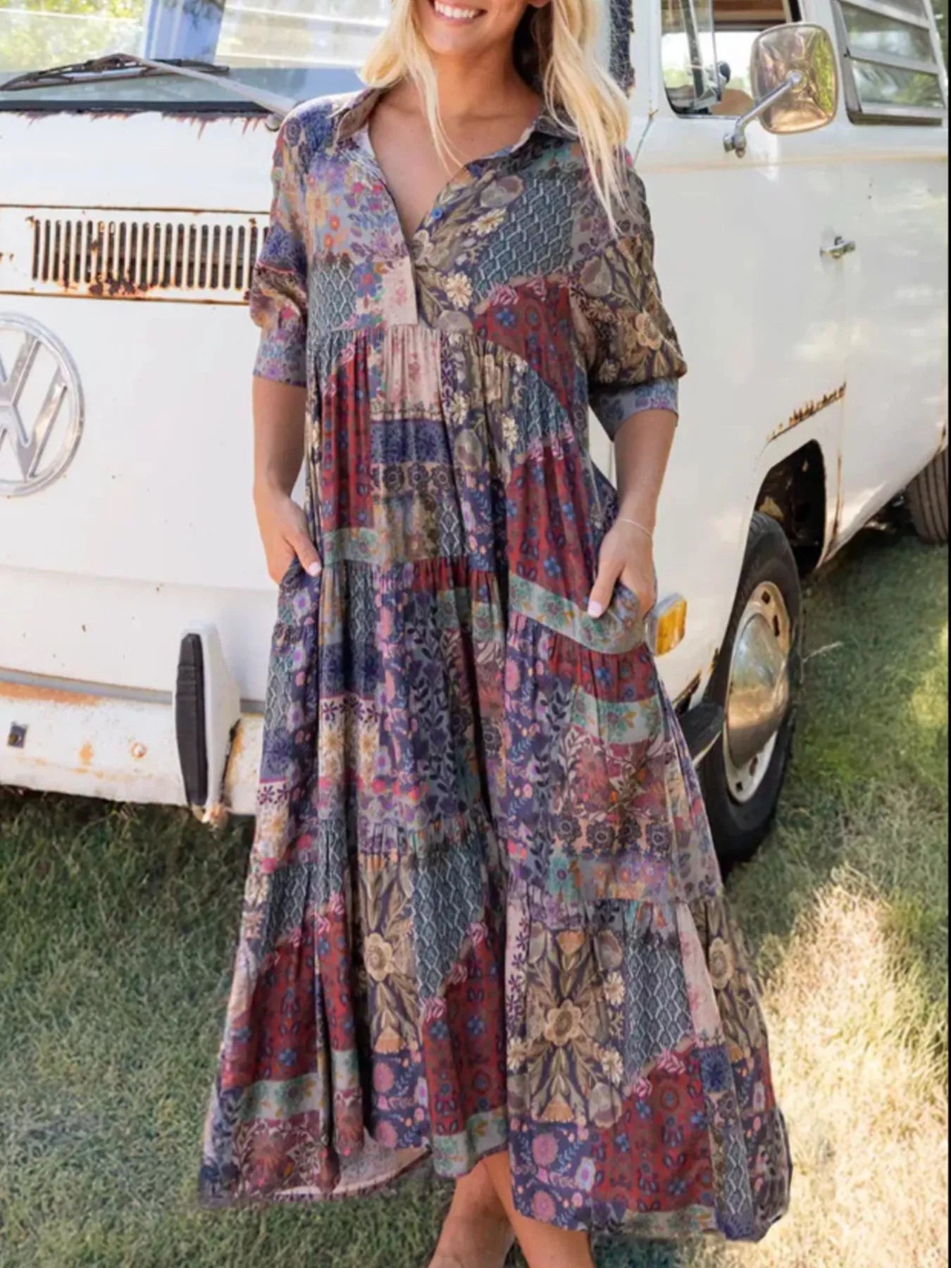 Full Size Printed Half Sleeve Midi Dress Plus Size
