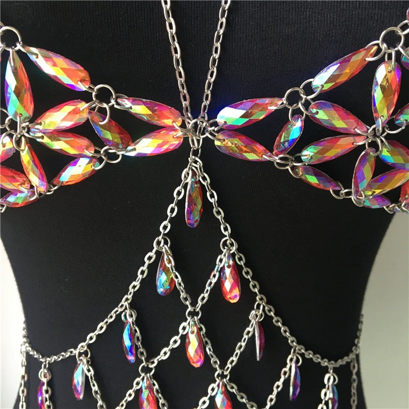 Queen Bling Metal Tassel Details Tank Tops Festival Rave Clothing Summer Sexy Backless Rave Body Chain Beach Tops