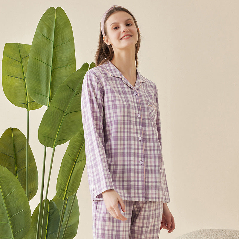 Simple Japanese Style Cotton Plaid Long Sleeve Couple Home Wear