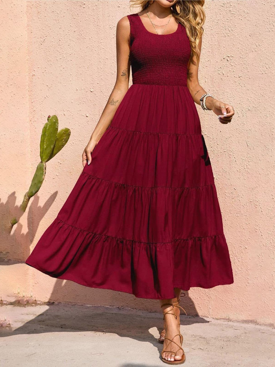 Smocked Tiered Midi Dress with Wide Straps