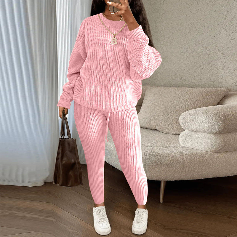 Winter Ribbed Knit Suits Fashion Loose Pullover Sweater Top And Drawstring Pants For Women Trouser Set Clothing