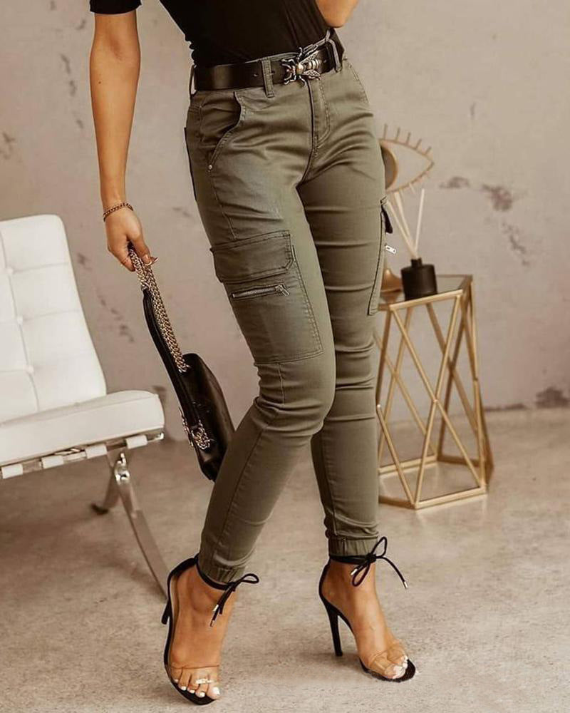 Ankle-length Low-rise Solid-color Cargo Pants With Pockets These Are Slim-fit Leggings