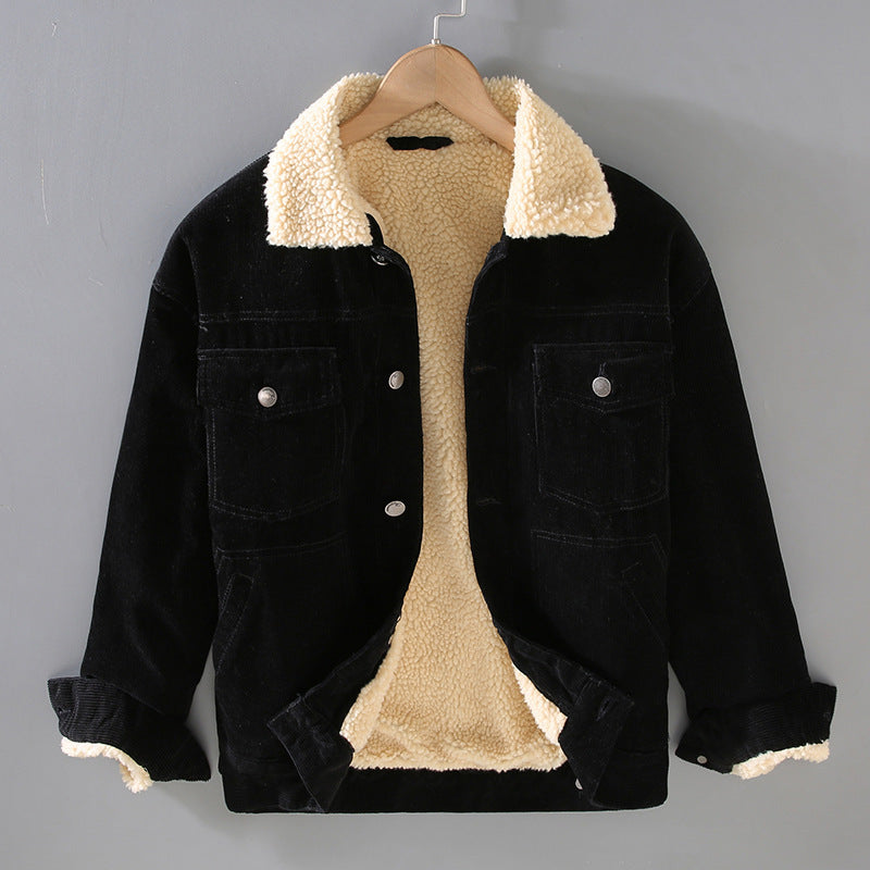 Men's Corduroy Workwear American Retro Lapels Jacket Heavy Imitation Lamb Wool Thickened Cotton-padded Coat