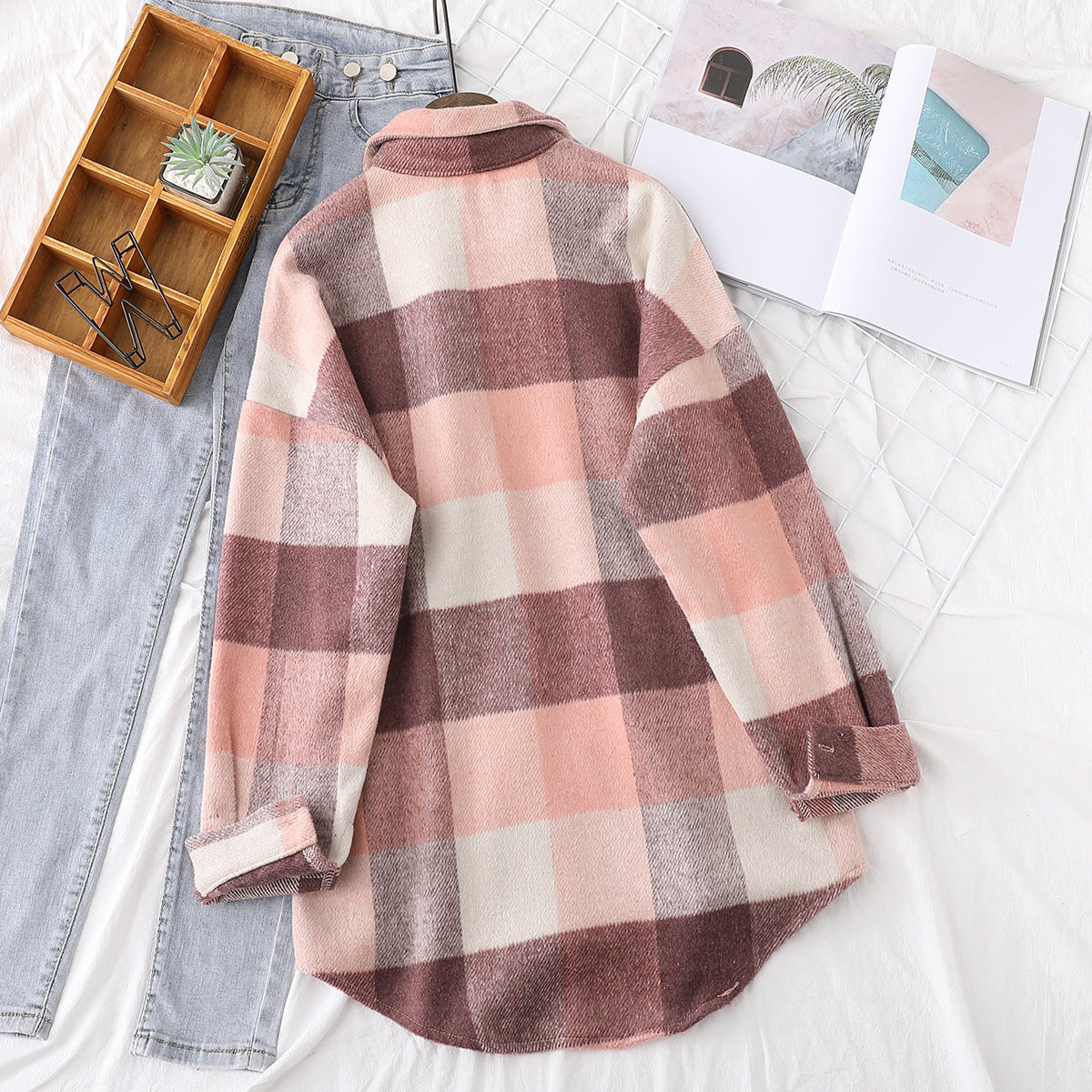 Thick Woolen Shirt Women Loose Casual Tops Literary Fan Plaid Shirt Jacket
