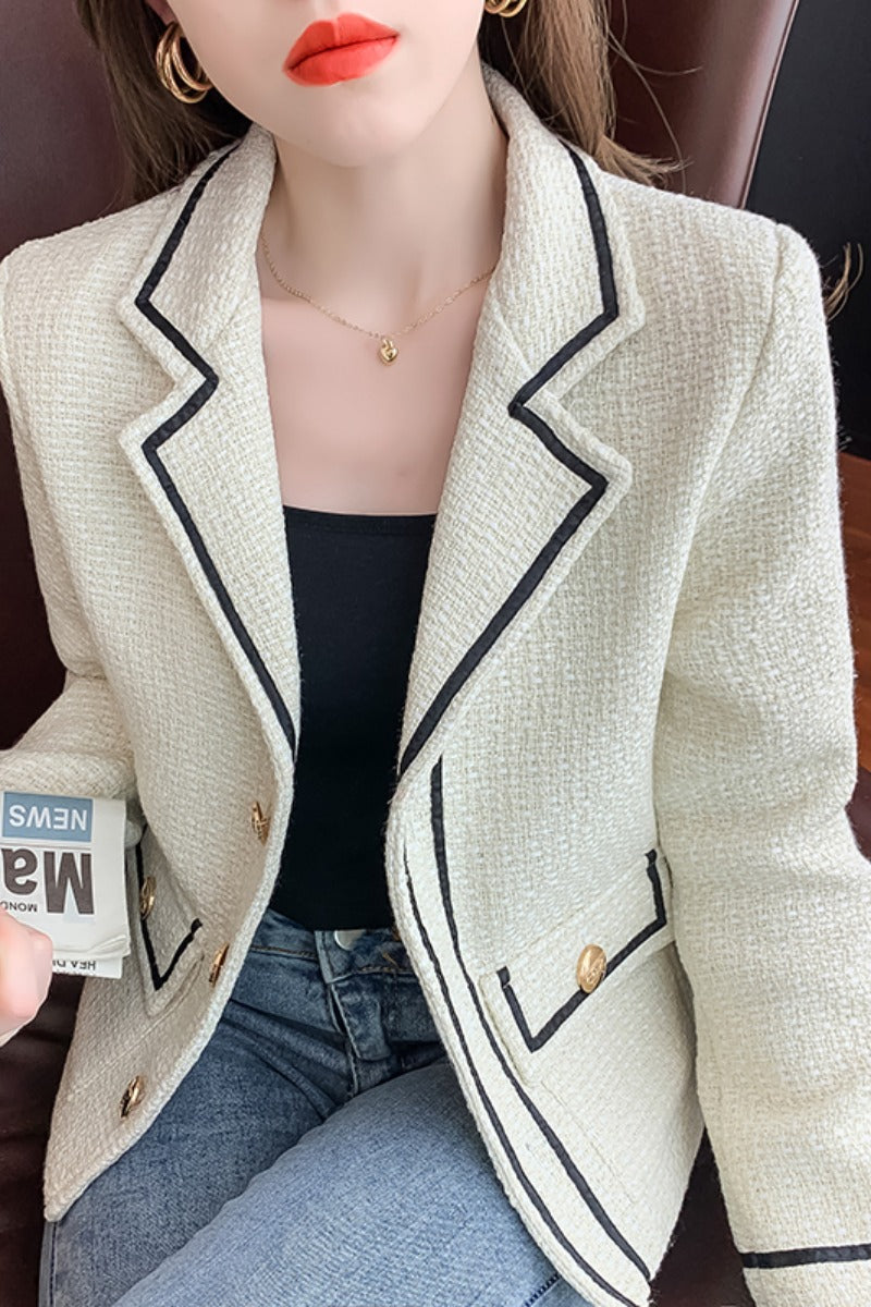 Women's Tweed Jacket Casual Colorblock Suit Collar