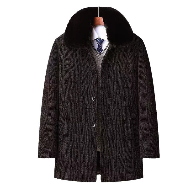 Autumn And Winter New Men's Trench Coat Chenille Fleece-lined Middle-aged And Elderly Men's Fur Collar Woolen Coat