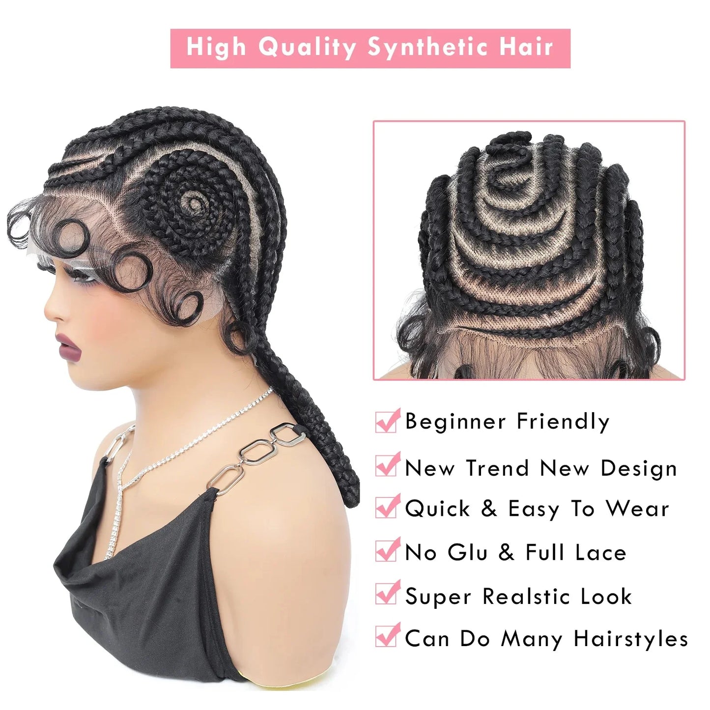 16 Inch Cornrow Braided Wig | Full Lace with Bantu Knots and Baby Hair