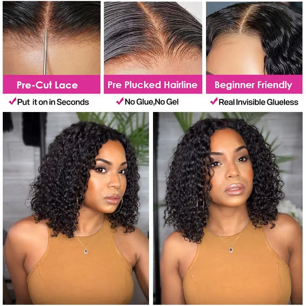 200% Density Short Curly Bob Wig 13x4 Lace Front Wet & Wavy Deep Wave Brazilian Remy Human Hair 4x4 Closure