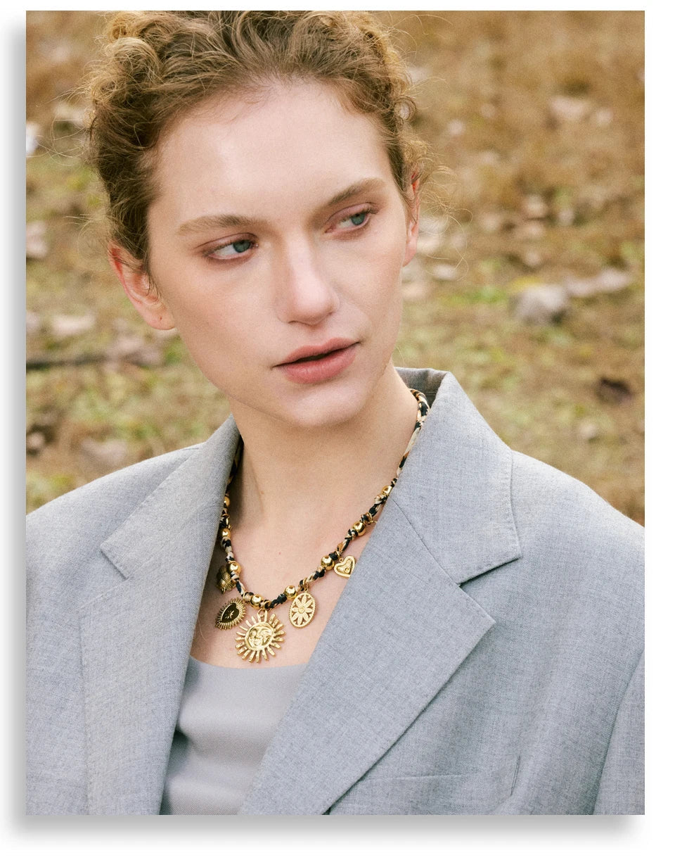 Yhpup Popular Stainless Steel Leopard Polyester Sun Flower Heart Insect Drop Collar Necklace 18K PVD Plated Fashion Jewelry Gift