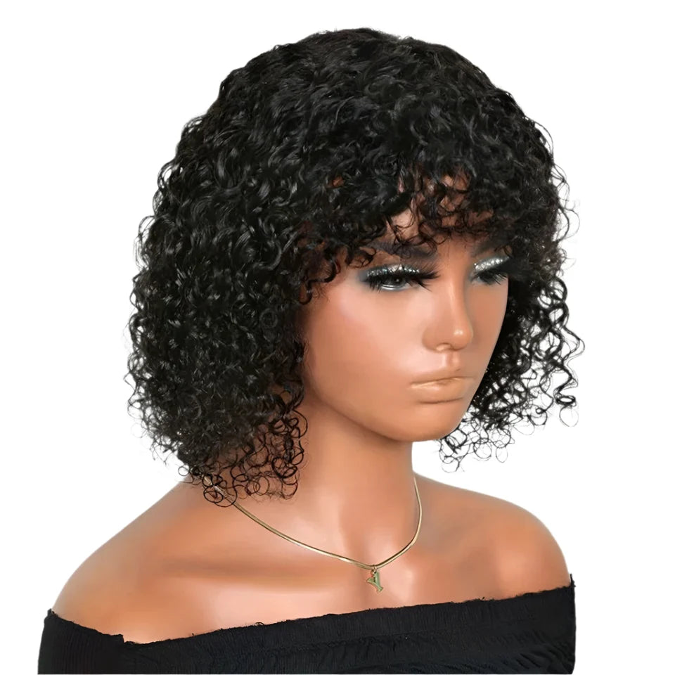 Highlight Honey Blonde Jerry Curly Pixie Bob Wig with Bangs | Full Machine Made Human Hair