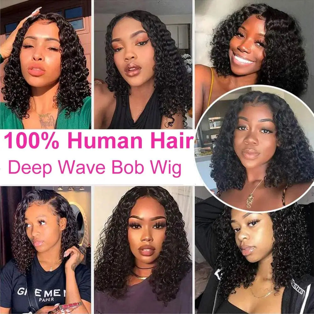 200% Density Short Curly Bob Wig 13x4 Lace Front Wet & Wavy Deep Wave Brazilian Remy Human Hair 4x4 Closure