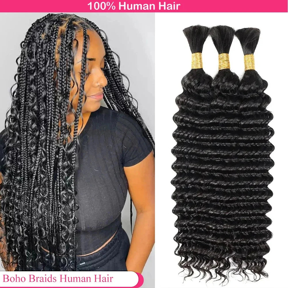 Deep Wave Human Hair Bulk | Boho Braids & Extensions | 100% Brazilian Remy | Natural Black